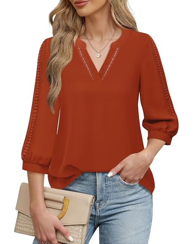 Unixseque 3/4 Sleeve Blouses for Women 2024:Work Tops for Women Business Casual Office Attire Interview Professional Outfits V Neck Shirt Business Office Wear Formal Tops Pumpkin Orange M - Image 2