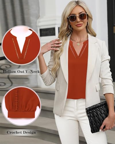 Unixseque 3/4 Sleeve Blouses for Women 2024:Work Tops for Women Business Casual Office Attire Interview Professional Outfits V Neck Shirt Business Office Wear Formal Tops Pumpkin Orange M - Image 3