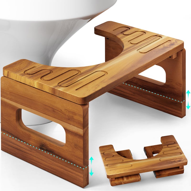 BLUEWEST Foldable Toilet Stool 7 and 9 Adjustable Heights Acacia Wood Poop Stool for Potty TrainingDurable Collapsible Bathroom Stool Adjustable Height for Family Members with NonSlip Layer