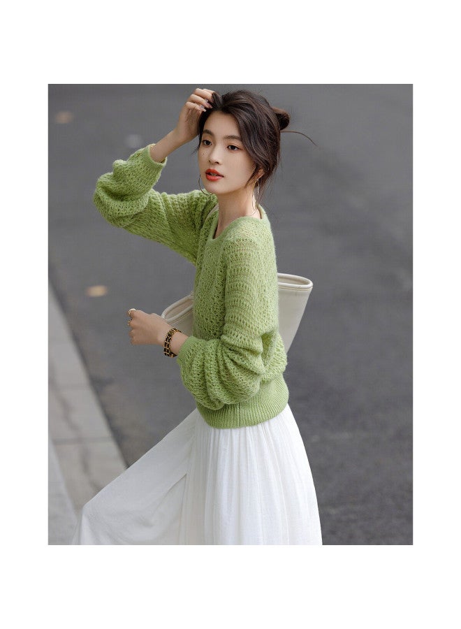 dme Demna【containing Merino Wool】spring Gentle Wind V-neck Hollow Out Sweater Hiding Flesh Girly Short Knitted Top Women's Blouse  - Image 1
