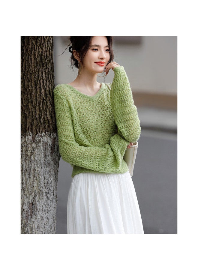 dme Demna【containing Merino Wool】spring Gentle Wind V-neck Hollow Out Sweater Hiding Flesh Girly Short Knitted Top Women's Blouse  - Image 3