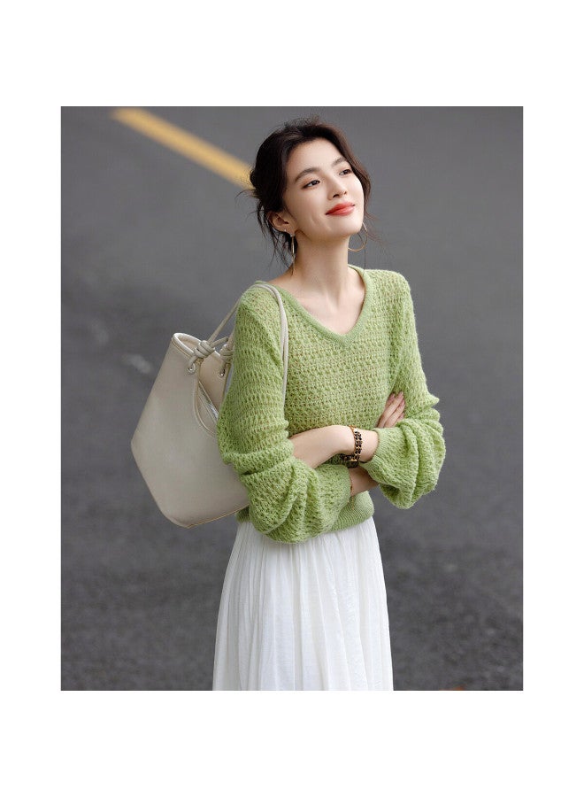 dme Demna【containing Merino Wool】spring Gentle Wind V-neck Hollow Out Sweater Hiding Flesh Girly Short Knitted Top Women's Blouse  - Image 5