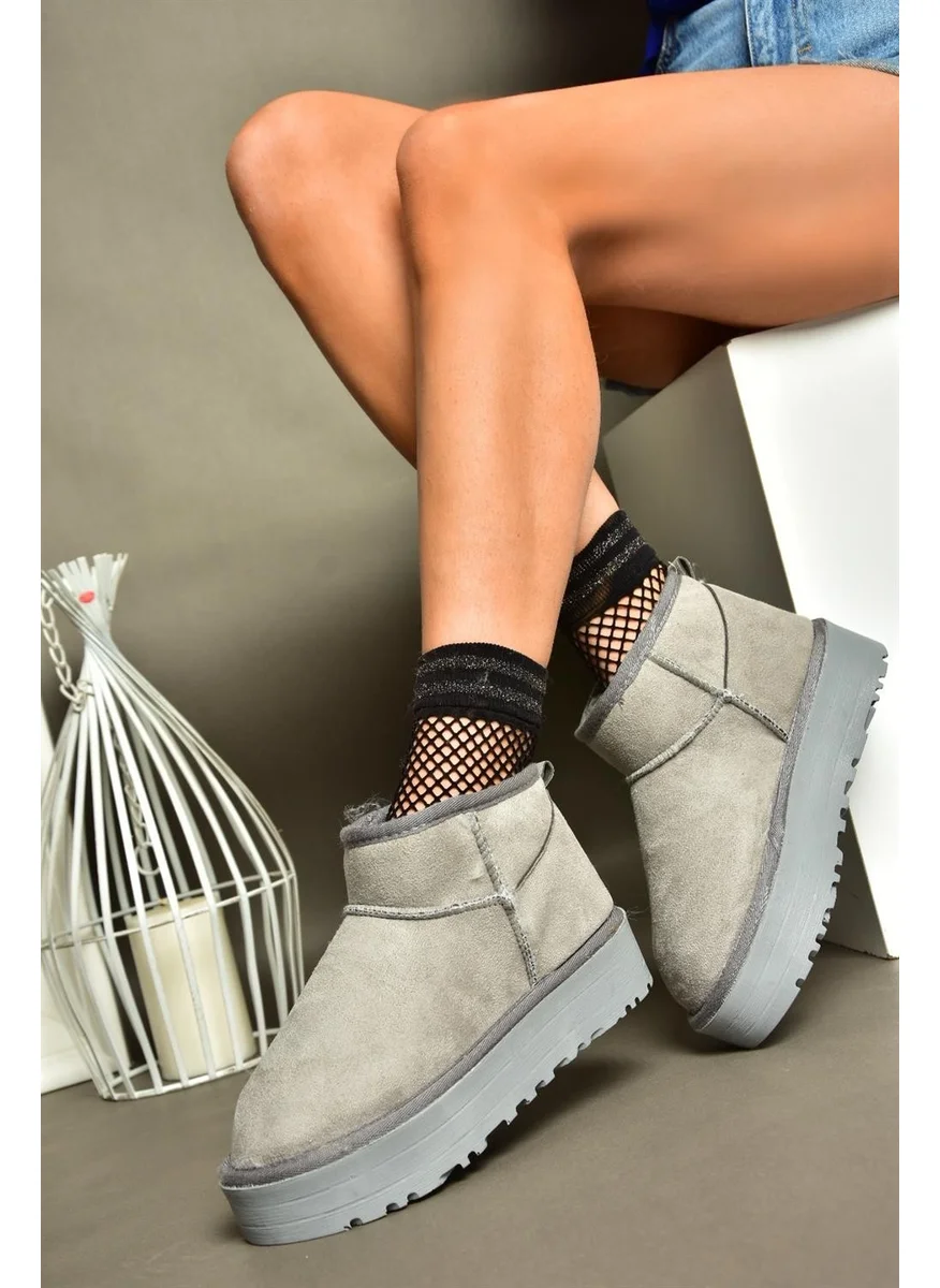 Fox Shoes R612033402 Gray Suede Thick Soled Half Women's Boots with Hair on the Inside