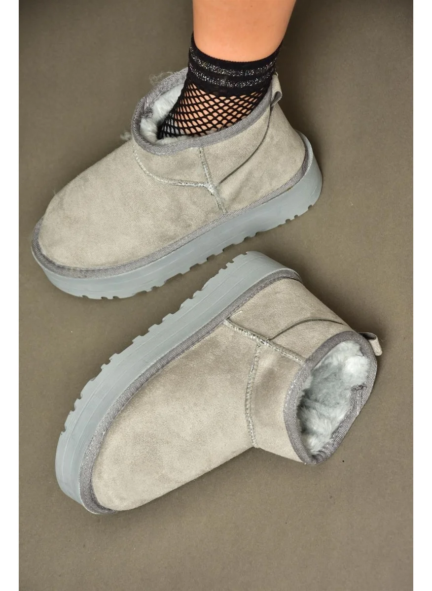 Fox Shoes R612033402 Gray Suede Thick Soled Half Women's Boots with Hair on the Inside