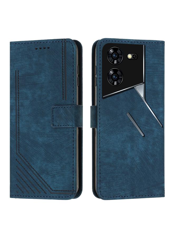 Green Tiger For Tecno Pova 5 Pro Skin Feel Stripe Pattern Leather Phone Case with Long Lanyard(Blue)