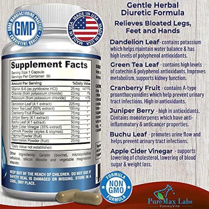 YUMMYVITE Water Away Gentle Herbal Diuretic - Natural Diuretic Water Pills - Relieve Bloating, Reduce Excess Water Weight with Dandelion Leaf, Green Tea, Detox Cleanse & Urinary Health. Non-GMO, 60 Capsules - Image 2