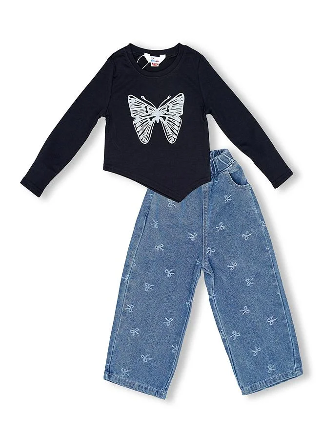 babyqlo Butterfly Black Top With Embroidered Jeans