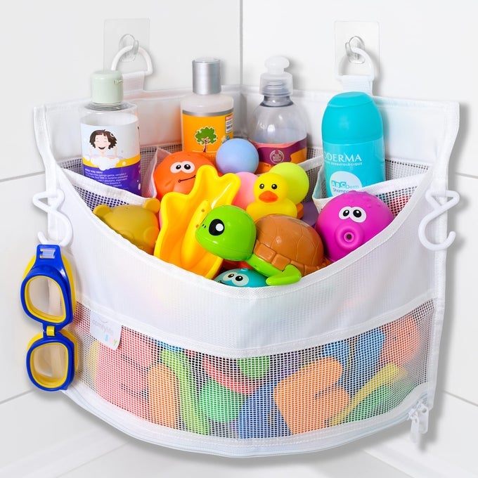 MESH BATH TOY HOLDER ORGANIZER THE PERFECT CORNER BATHTUB TOY STORAGE BATHROOM OR SHOWER CADDY THIS MULTIUSE NET BAG MAKES BABY BATH TOY STORAGE EASY FOR KIDS TODDLERS