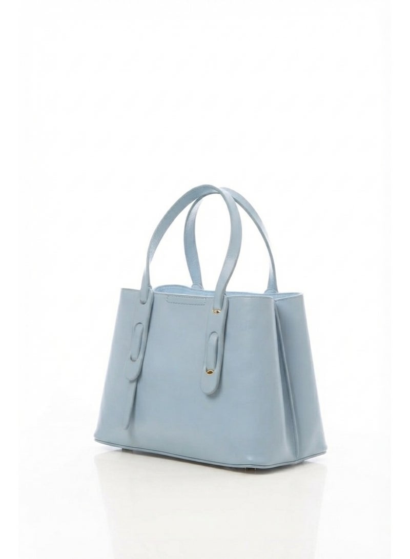 Women's Baby Blue Synthetic Leather Handbag with Gold-Tone Rings - Image 2