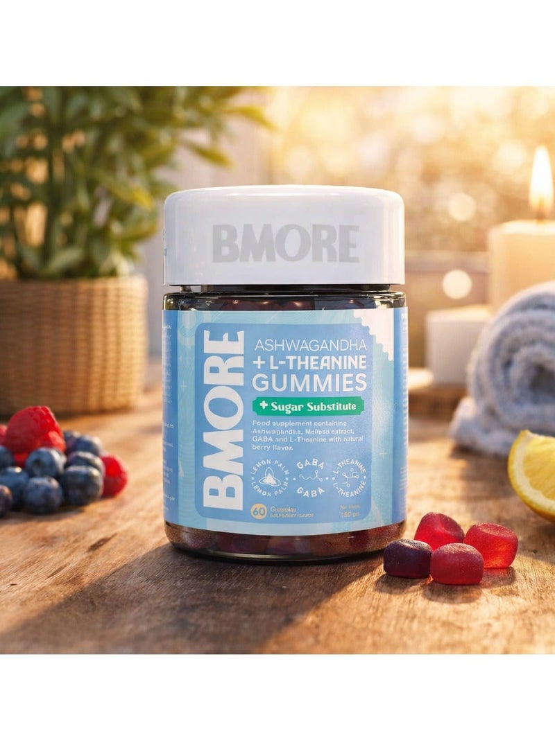 BMORE Ashwagandha + L-Theanine  with GABA & Lemon Balm Extract Raspberry Flavor60 Gummies - Image 1