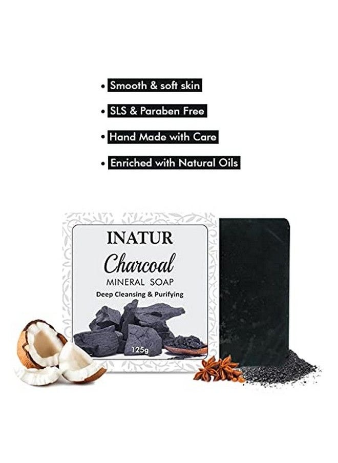 INATUR Charcoal Mineral Bathing Bar/Soap | With Activated Charcoal | Deep Cleansing & Purifying With Fresh Green & Sweet Notes | Enriched With Neem Extract Coconut Oil Basil Oil & Vitamin E | 125G  - Image 3