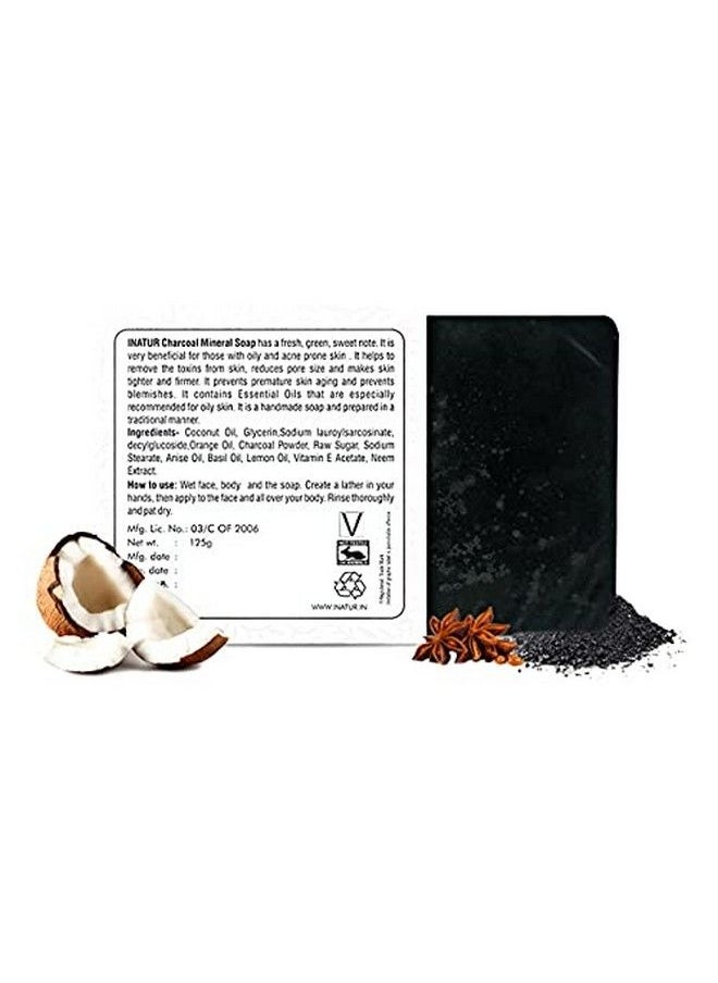 INATUR - Charcoal Mineral Bathing Bar/Soap | With Activated Charcoal | Deep Cleansing & Purifying With Fresh Green & Sweet Notes | Enriched With Neem Extract Coconut Oil Basil Oil & Vitamin E | 125G - Image 1