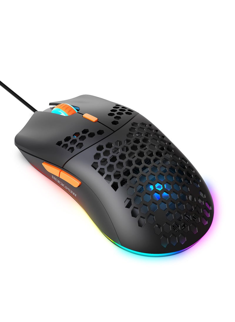 Rock Pow - ROCK POW Honeycomb Gaming Mouse Ultralight High-Precision 8000 DPI Optical Sensor 6 Programmable Buttons RGB Ergonomic Wired RGB Gaming Mice for Mac Laptop Computer PC - Image 1