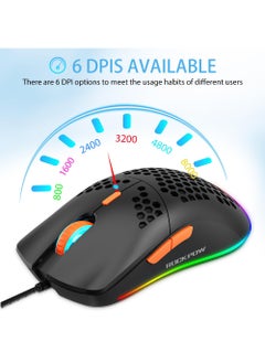 Rock Pow ROCK POW Honeycomb Gaming Mouse Ultralight High-Precision 8000 DPI Optical Sensor 6 Programmable Buttons RGB Ergonomic Wired RGB Gaming Mice for Mac Laptop Computer PC  - Image 3