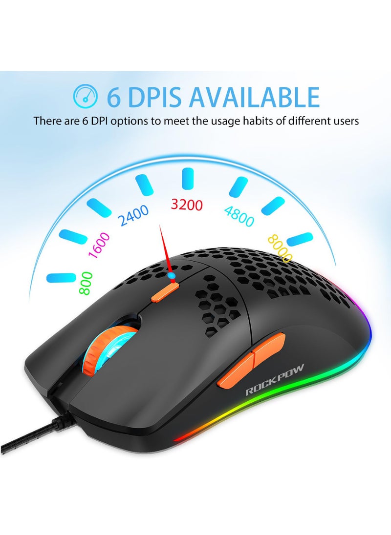 Rock Pow - ROCK POW Honeycomb Gaming Mouse Ultralight High-Precision 8000 DPI Optical Sensor 6 Programmable Buttons RGB Ergonomic Wired RGB Gaming Mice for Mac Laptop Computer PC - Image 1