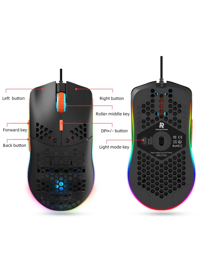 Rock Pow - ROCK POW Honeycomb Gaming Mouse Ultralight High-Precision 8000 DPI Optical Sensor 6 Programmable Buttons RGB Ergonomic Wired RGB Gaming Mice for Mac Laptop Computer PC - Image 1