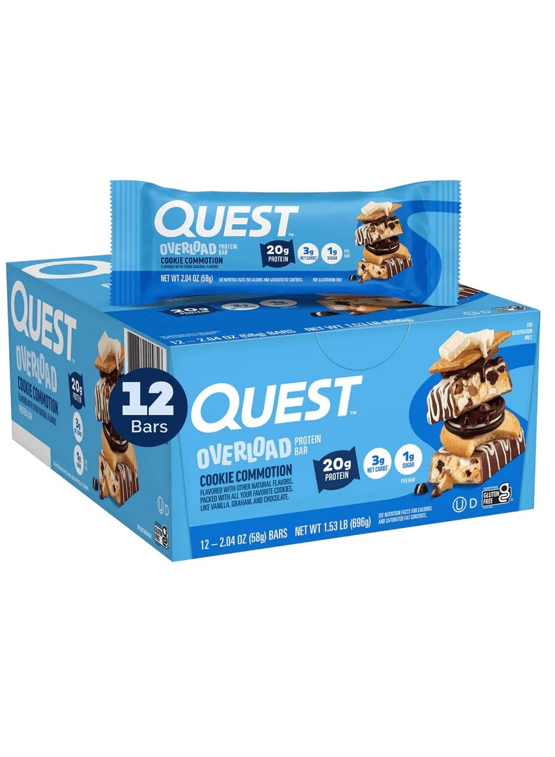 Quest Nutrition Quest Overload Protein Bar – Cookie Commotion Flavor, High Protein, Low Sugar, Gluten-Free, 58g (Box of 12 Bars) - Image 1