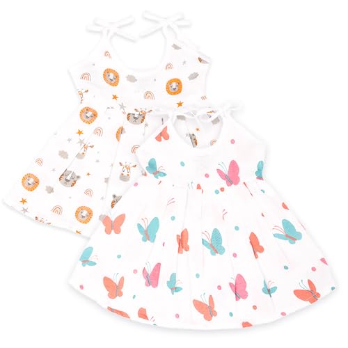 Kidbea Muslin Cotton Sleeveless Frock Clothes for Baby Girl Dresses | Tiger | Butterfly Print | Pack of 2 (0-3 Months) - Image 2