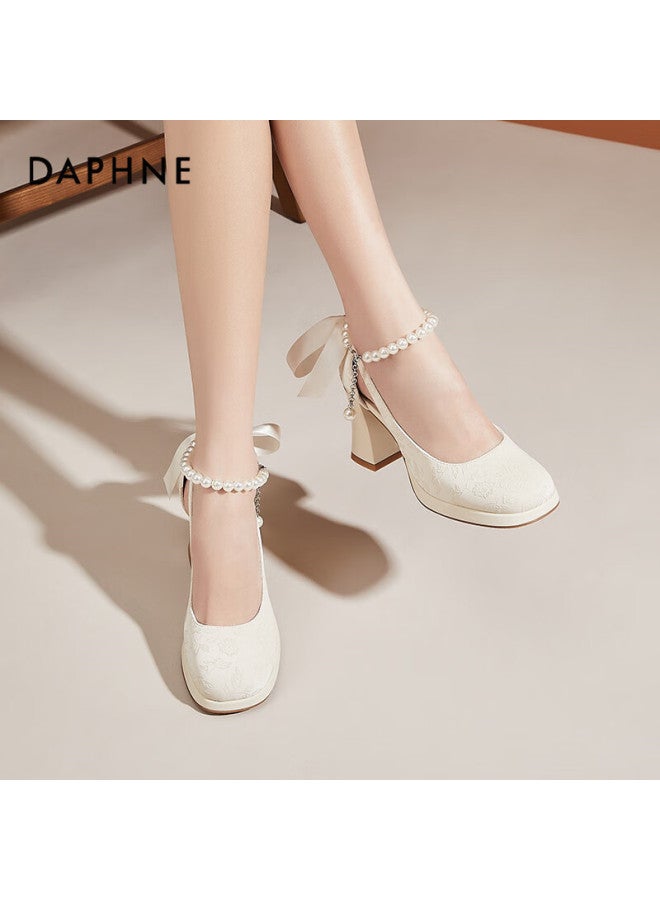 Daphne أحذية نسائية ذات كعب عريض بارتفاع متزايد باللون الأسود - أحذية زفاف ماري جين باللون البيج 38 - Image 5