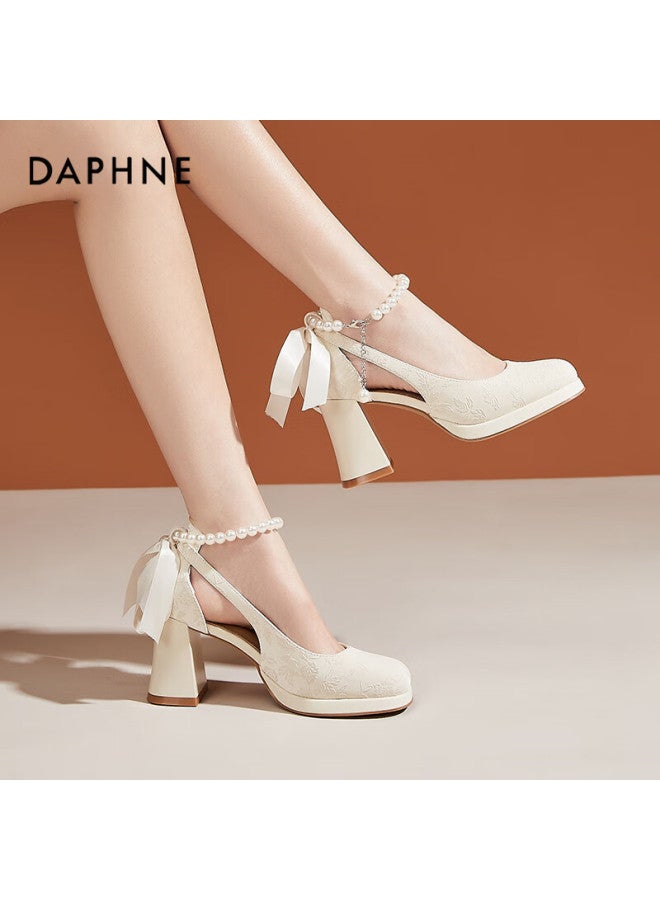 Daphne أحذية نسائية ذات كعب عريض بارتفاع متزايد باللون الأسود - أحذية زفاف ماري جين باللون البيج 38 - Image 4