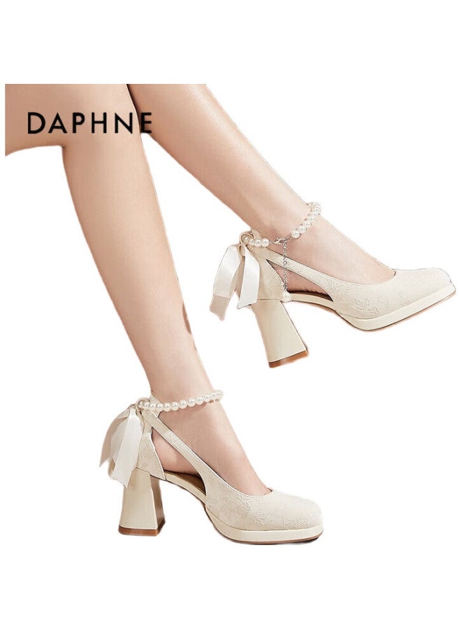 Daphne أحذية نسائية ذات كعب عريض بارتفاع متزايد باللون الأسود - أحذية زفاف ماري جين باللون البيج 38 - Image 3