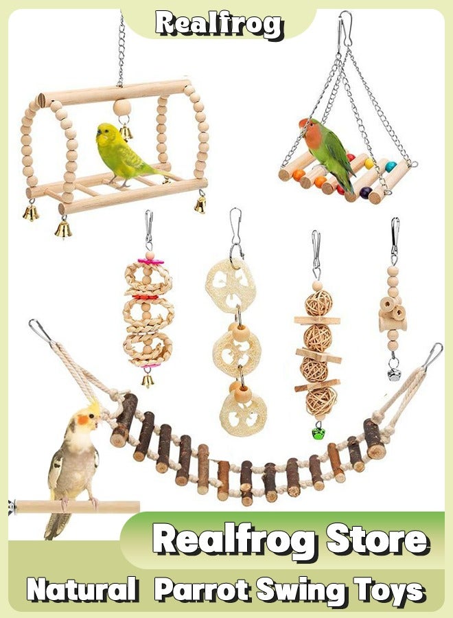 ألعاب تأرجح طبيعية من الخشب للطيور والببغاوات تشمل تأرجح قابلة للمضغ، سلّم تسلق وقفص طيور للببغاء، الباركيت، الكونور، الكوكاتيل، المينا، طيور الحب والعصافير، 8 قطع - Image 2