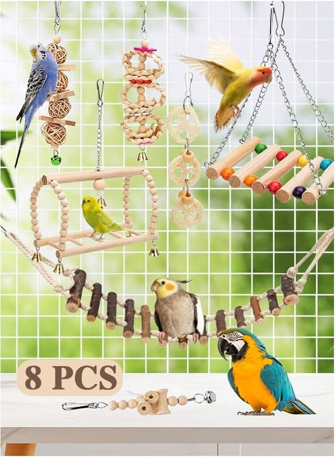 ألعاب تأرجح طبيعية من الخشب للطيور والببغاوات تشمل تأرجح قابلة للمضغ، سلّم تسلق وقفص طيور للببغاء، الباركيت، الكونور، الكوكاتيل، المينا، طيور الحب والعصافير، 8 قطع - Image 1