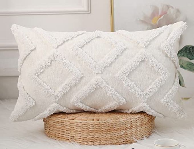 DIAMOND PATTERN LONG PILLOW COVERS 16 X 26PLUSH CHENILLE DECORATIVE LONG LUMBAR PILLOW COVERS PILLOW CASE CUSHION CASE FOR SOFA COUCH BED LIVINGROOM FARMHOUSEMODERN BOHOCREAM WHITE