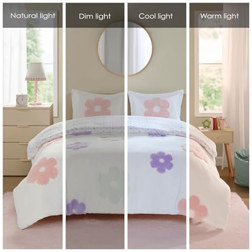 Intelligent Design Kids Full Duvet Cover Set for Girls, Tufted Chenille Floral Duvet Set Queen, Lightweight Polka Dot Reversible Bedding Cover, Gracie, Full/Queen White/Purple 4 Piece - Image 5