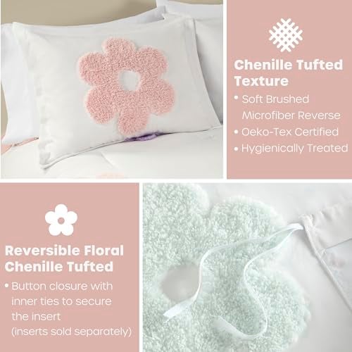 Intelligent Design Kids Full Duvet Cover Set for Girls, Tufted Chenille Floral Duvet Set Queen, Lightweight Polka Dot Reversible Bedding Cover, Gracie, Full/Queen White/Purple 4 Piece - Image 4