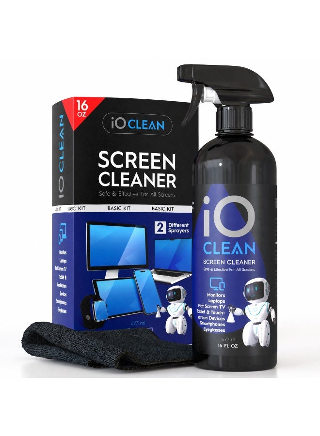 iO CLEAN Screen Cleaner Spray (16oz - 473ml) – Best Large Cleaning Kit for LCD LED OLED TV, Smartphone, iPad, Laptop, Touchscreen, Computer Monitor, Electronic Devices, Microfiber Cloth Wipes and 2 Nozzles - Image 1