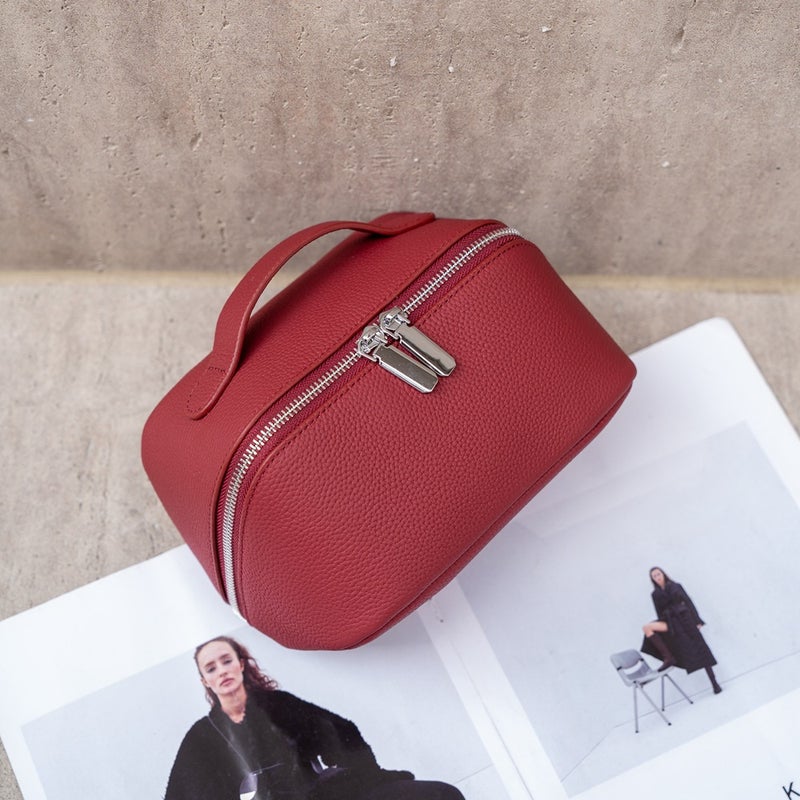 Simple Large Capacity Cross-Border Cosmetic Bag Portable Fashionable Genuine Leather Storage Bag Headlayer Cow Leather 8085 Bordeaux red