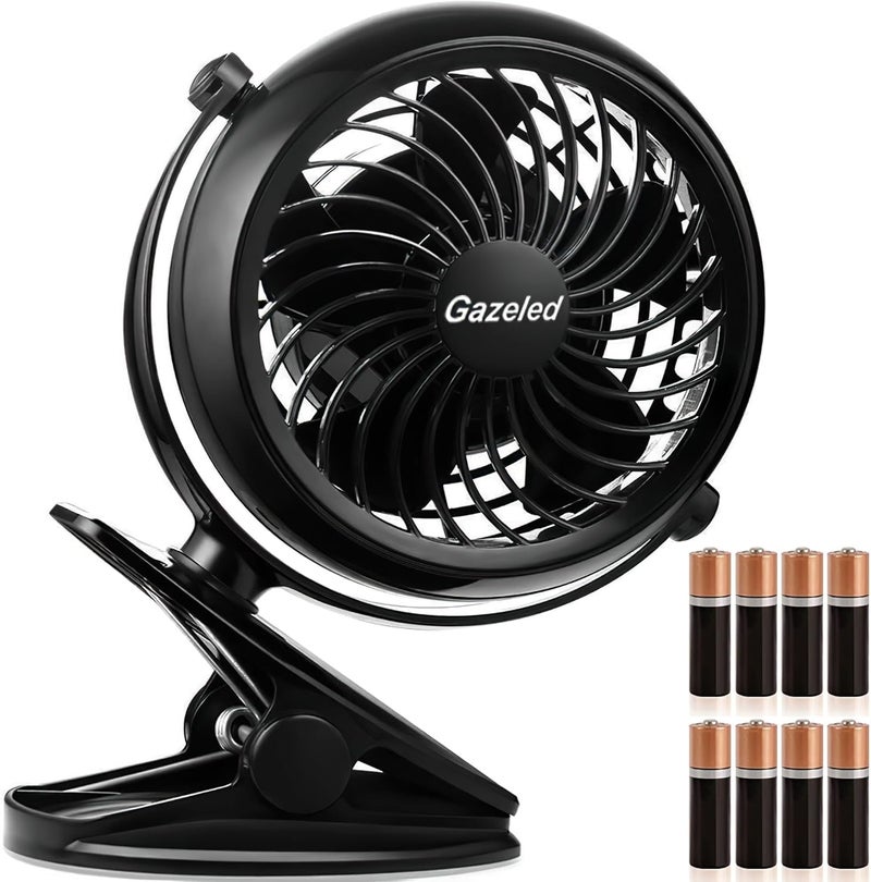 Gazeled Battery Operated Fans, Stroller Fan Battery Operated, Portable Battery Powered Fan with Clip, 5 Inch Cordless Fan for Camping, Mini Quiet Personal Fan for Bed, Car, 8 Free AA Batteries - Image 1
