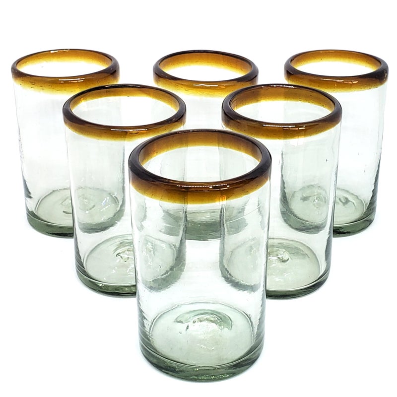 MexHandcraft Amber Rim 14 oz Drinking Glasses (set of 6), Recycled Glass, Lead-free, Toxin-Free (Drinking) - Image 1