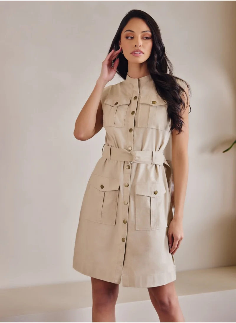 Zigzag Safari Linen Dress With Pockets