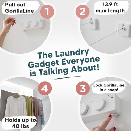 GorillaLine Max - Retractable Clothesline Indoor Outdoor Clothes Line - Heavy Duty Clothes Drying Laundry Line - Wall Mounted Drying Rack - Air Dry Clothing - Max Tighten with GorillaGrip - Image 2