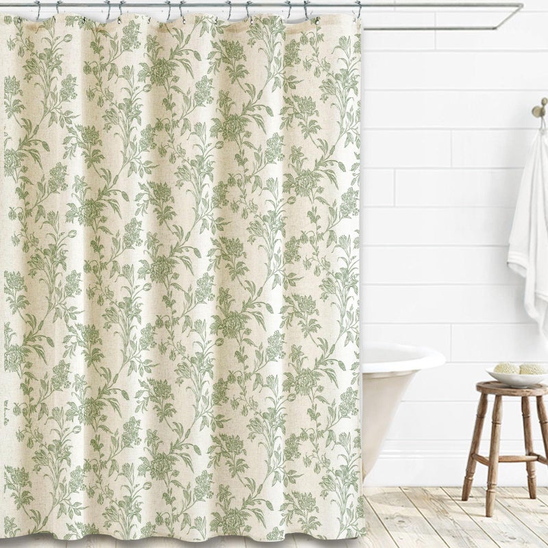 WOUVMA Sage Green Shower Curtain Floral Cotton Linen Cottagecore Shower Curtain for Bathroom 72"" W x 72"" L - Image 2