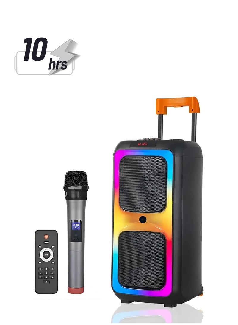 بيتشو مكبر صوت بلوتوث محمول PartyBox مع إضاءة RGB، مكبر صوت بلوتوث مع ميكروفون، جهاز تحكم عن بعد وميكروفون لاسلكي، مكبر صوت منخفض التردد، راديو FM للحفلات الداخلية والخارجية - Image 1