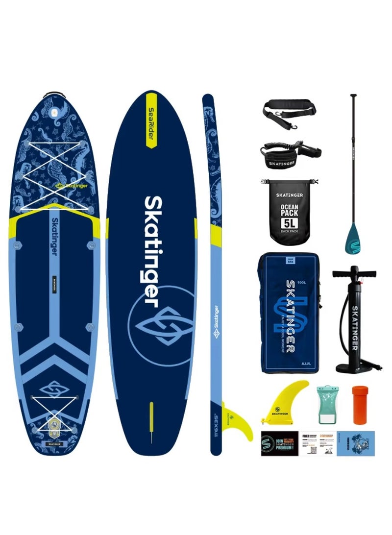 Skatinger 11.6'-35"-6" Single Layer SUP Soft Standup Board Power Fin Paddle Board with Pump and Fins for Yoga, Fishing, Drifting, and Floating - Sea Rider
