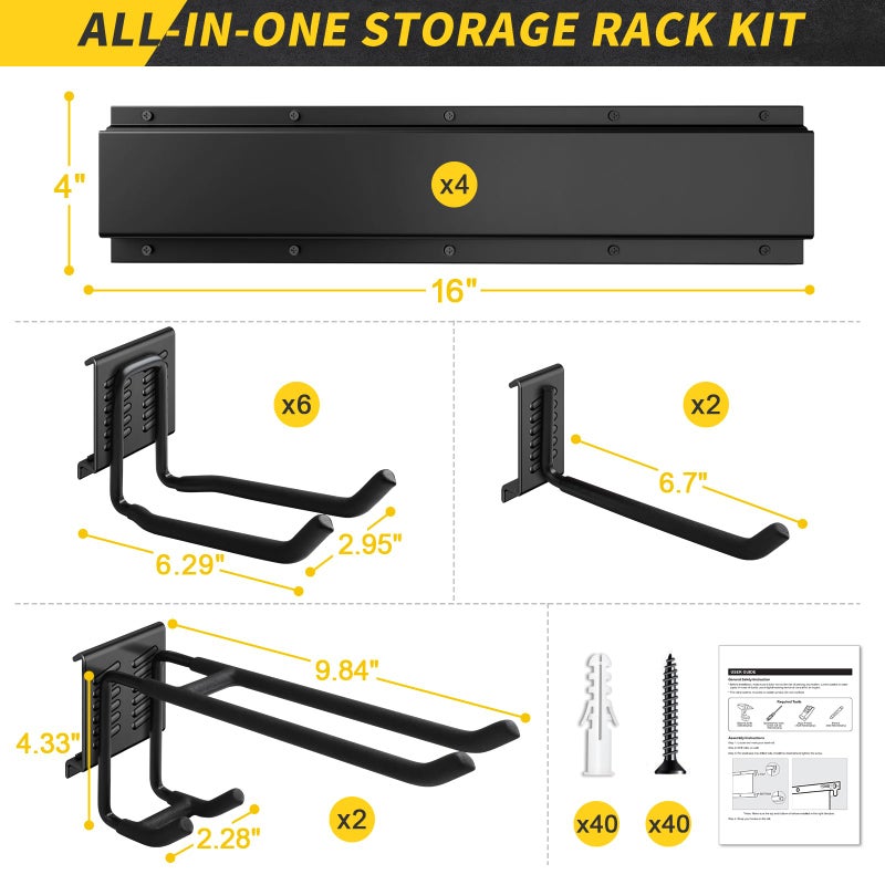 UUP 64 Inches Garage Storage, UUP Garage Organization Wall Mount Garden Tool Organizer, 620lbs Adjustable Metal Hooks, Yard Shed Rail Rack, Lawn Tool Holder for Hanging Rake Broom Mop Snowboard, Home Gift - Image 5