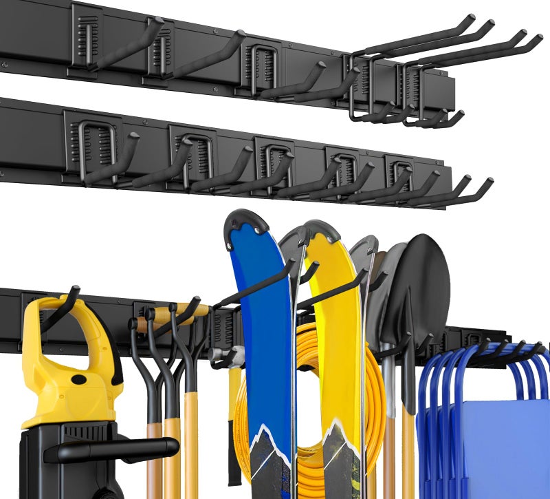 UUP 64 Inches Garage Storage, UUP Garage Organization Wall Mount Garden Tool Organizer, 620lbs Adjustable Metal Hooks, Yard Shed Rail Rack, Lawn Tool Holder for Hanging Rake Broom Mop Snowboard, Home Gift - Image 1