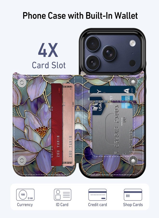 Goodon for iPhone 17 Pro Max Wallet Case with Card Holder,RFID-Blocking,Aesthetic Vintage Floral Girly Shell,Trendy Unique Cool Retro Protective Phone Cover for Women Girls - Fancy Purple Lotus - Image 2