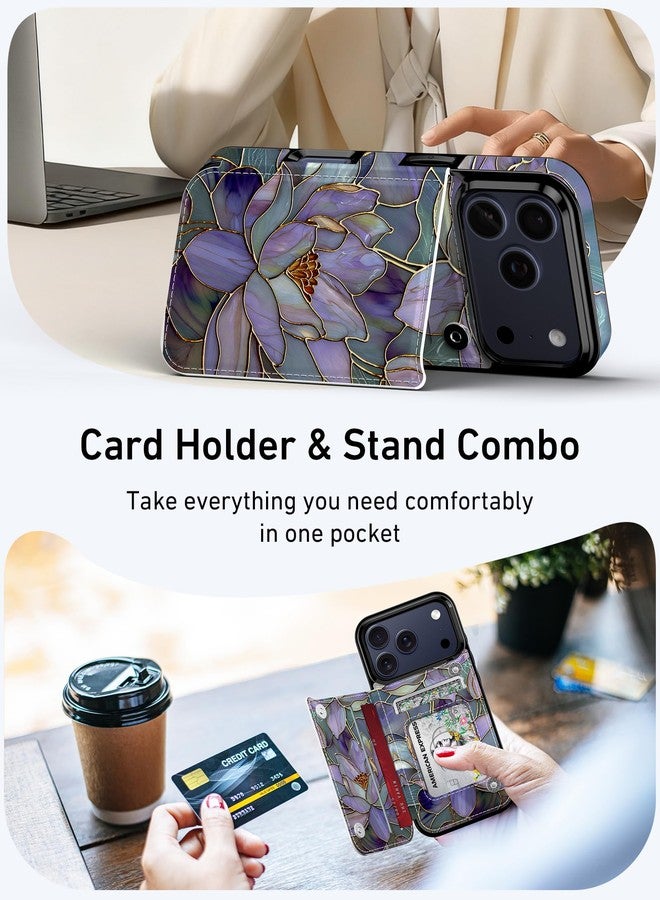 Goodon for iPhone 17 Pro Max Wallet Case with Card Holder,RFID-Blocking,Aesthetic Vintage Floral Girly Shell,Trendy Unique Cool Retro Protective Phone Cover for Women Girls - Fancy Purple Lotus - Image 3