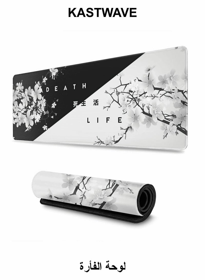 KASTWAVE Gaming Mouse Pad Black and White Cherry Blossom,Extended Large Mouse Mat Desk Pad, Stitched Edges Mousepad, Long Non-Slip Rubber Base Mice Pad(31.5x11.8x0.12 Inch) - Image 1