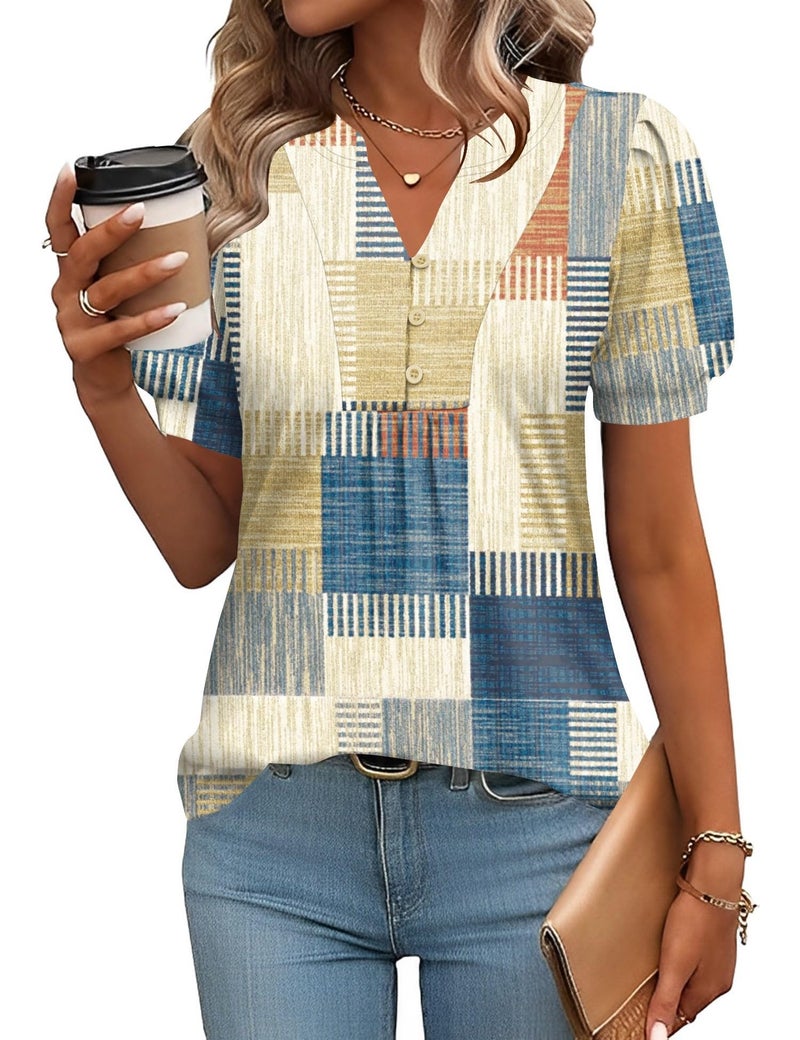 IECCP Puff Short Sleeve Shirts for Women V Neck Button Up Tunic Tops to Wear with Leggings Spring Summer Fashion Trendy 2025 (Colorful Plaid,XL) - Image 1