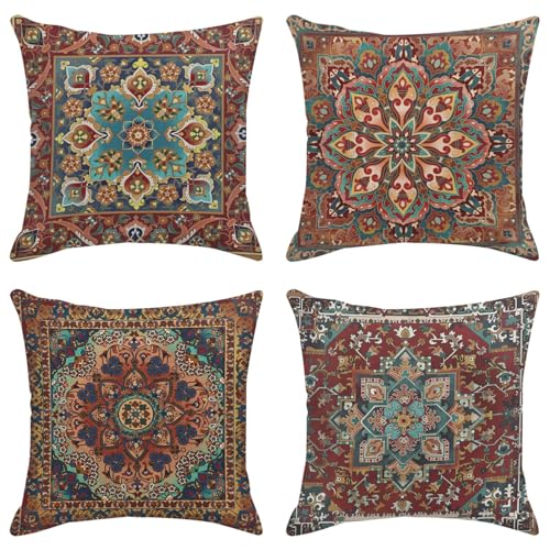 Sanwarm Throw Pillow Covers Home Decor Set of 4 Tribal Eastern Geometric Vintage Pillow Cases Decorative 18 x 18 Inches Outdoor Cushion Couch Sofa Pillowcases - Image 1