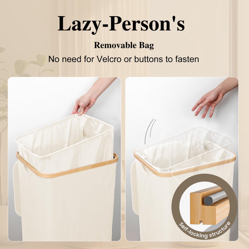 Foluck Large Laundry Hamper, 100L Waterproof Laundry Basket with Lid and Removable Bag, Collapsible Tall Clothes Hamper with Bamboo Handles for Clothes Toys in Dorm Bedroom Bathroom, Beige - Image 3
