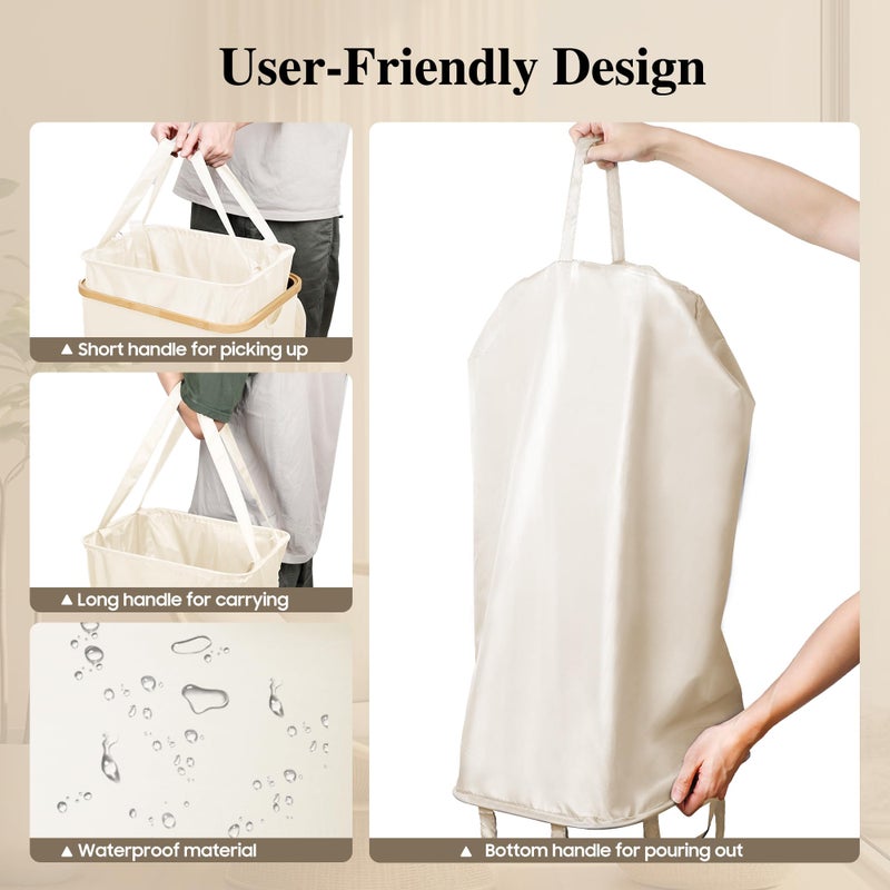 Foluck Large Laundry Hamper, 100L Waterproof Laundry Basket with Lid and Removable Bag, Collapsible Tall Clothes Hamper with Bamboo Handles for Clothes Toys in Dorm Bedroom Bathroom, Beige - Image 5