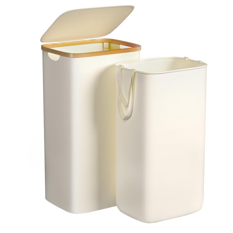 Foluck Large Laundry Hamper, 100L Waterproof Laundry Basket with Lid and Removable Bag, Collapsible Tall Clothes Hamper with Bamboo Handles for Clothes Toys in Dorm Bedroom Bathroom, Beige - Image 1