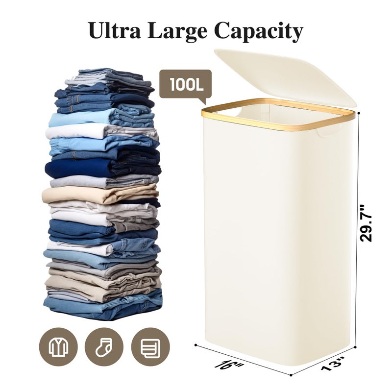 Foluck Large Laundry Hamper, 100L Waterproof Laundry Basket with Lid and Removable Bag, Collapsible Tall Clothes Hamper with Bamboo Handles for Clothes Toys in Dorm Bedroom Bathroom, Beige - Image 2
